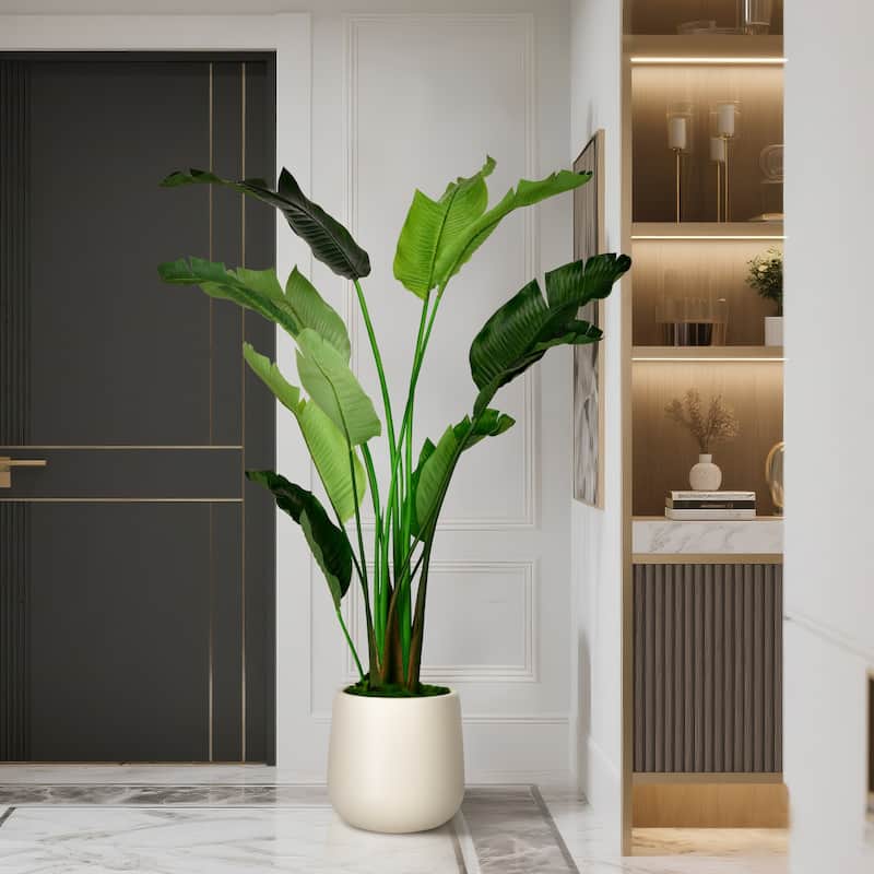 Artificial Banana Leaf Tree Bird Of Paradise in White Decor Pot