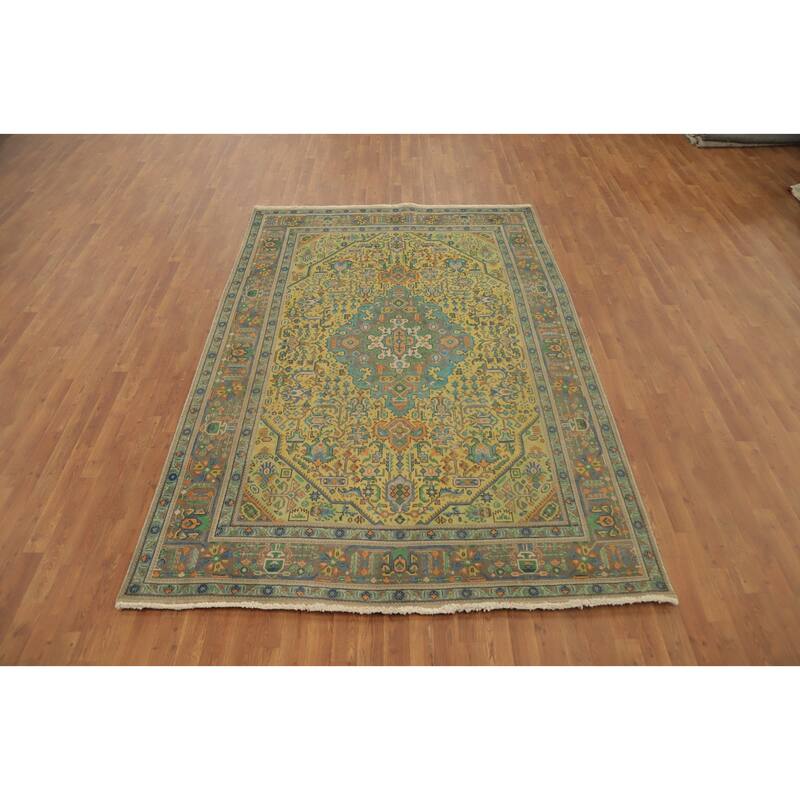 Hand Knotted Oriental 100% Wool Carpet Traditional Floral Yellow & Gold Tabriz Area Rug - 9' 5'' X 6' 3''