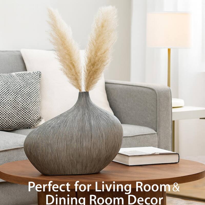 Aria Home Grey Stria Bloom Polyresin Vase with Textured Lines Decor Accent