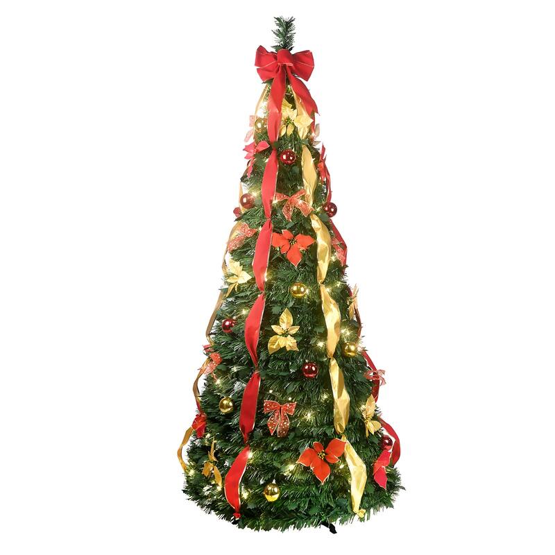 6FT Pop-Up Christmas Tree with 150 Warm White UL Lights - Pre-Decorated with Red & Gold Ornaments, Flowers, Ribbons & Bows