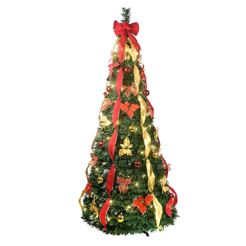 7.5FT Pop-Up Christmas Tree with 200 Warm White UL Lights-Pre-Decorated with Red & Gold Ornaments, Flowers, Ribbons & Bows