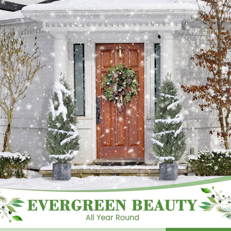 2 Pcs 4 FT Artificial Cedar Trees, Artificial Cypress Topiary Tree with Cement Flower Pot