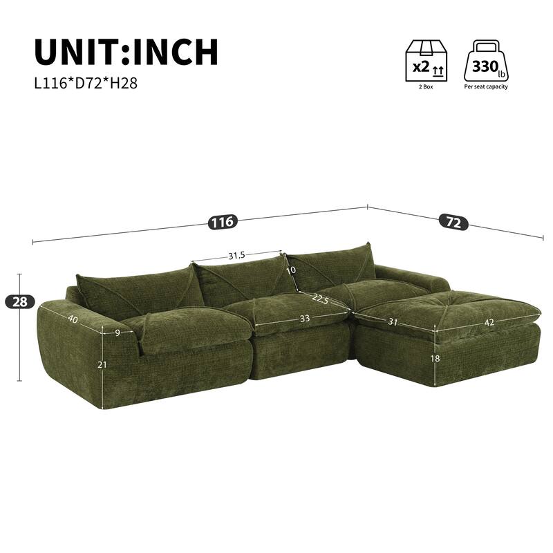 116" Chenille Fully Compressed Sectional Sofa with High-Density Foam, and 6-Seater Modular Cloud Couch