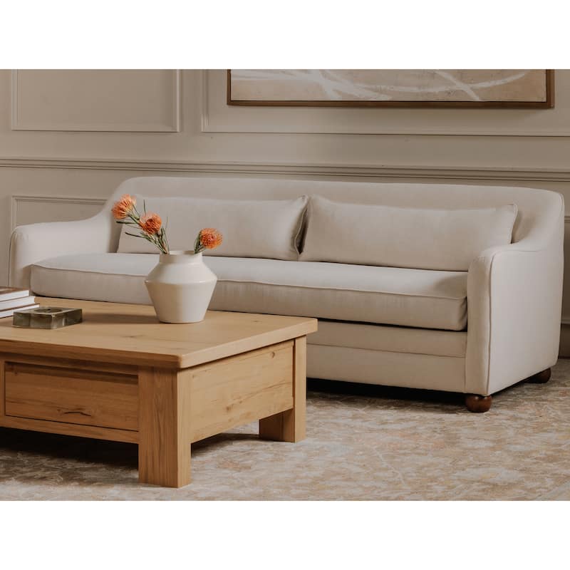 NADAAL STUDIOS Caelanor Sofa, Curved Back with Wide Lumbar Cushions and Wooden Bun Feet, Oat