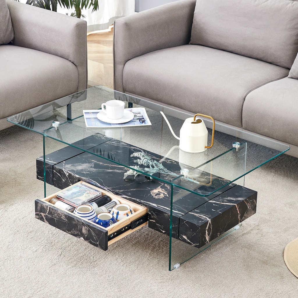 43.3 Inch Modern 2 Layer Coffee Table Marble Texture Coffee Table with Tempered Glass Tabletop and Drawer, for Living Room