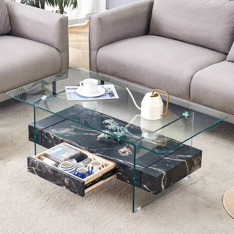 Roomfitters Two-Tier Glass Coffee Table with Oak Finish, Modern Storage Design for Living Room or Lounge - Black Marble