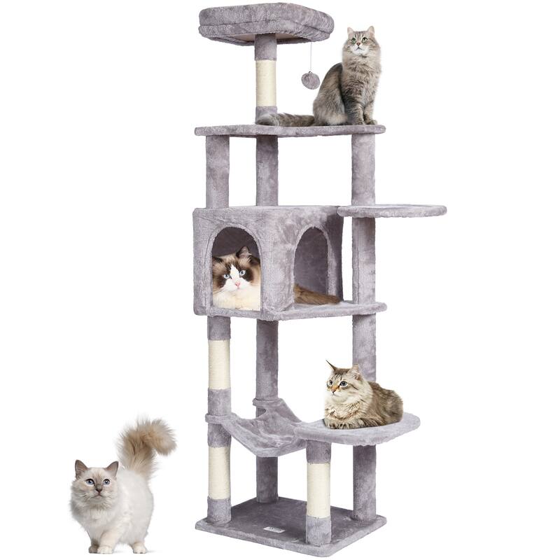 Cat Tree for Indoor Cats, 60.6" Cat Tower with Cat Condo, Sisal Scratching Post, Hammock, Top Perch, Jumping Platforms - 60.6" - Light Grey