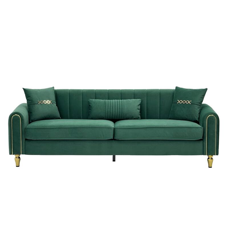 Roomfitters 87.4 Inch 3 Seater Elegant Modern Upholstered Sofa with Gold Metal Trim, Vertical Channel Tufted Back