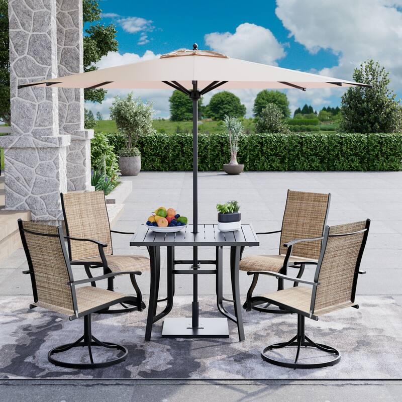 Patio Dining Set w Textilene / Swivel Rocking Chairs, Outdoor Table & Chairs w Adjustable Umbrella Hole, 5/7/9-Piece Garden Set - Brown-Swivel - 5 Piece
