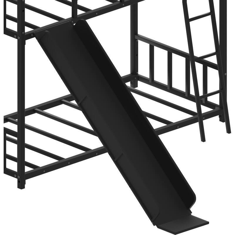 Twin Size Metal Bunk Bed with Slide and Ladder, Heavy Duty Metal Bunk Bed Frame with Safety Guardrail, No Box Spring Needed