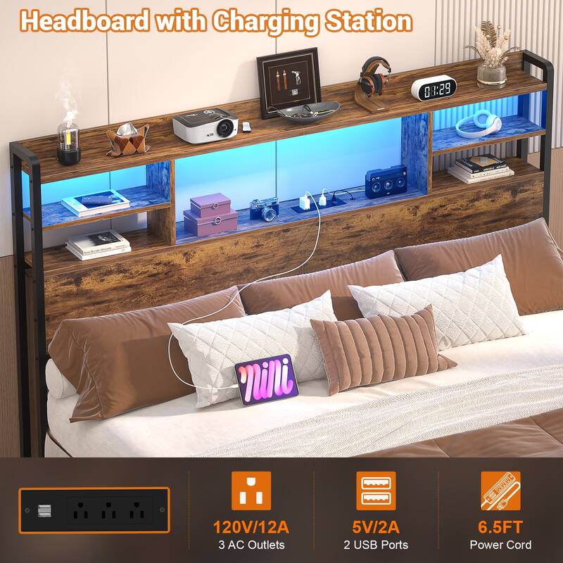 Storage Headboard with USB Port and Power Outlet, Head Board with LED Light for Bed Frame