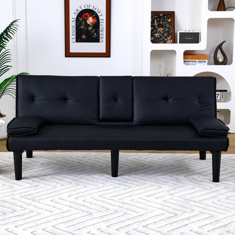 Convertible Loveseat Couch Adjustable Faux Leather Sleeper Sofa Bed with Coffee Table, Cup Holders and Removable Pillow Armrests