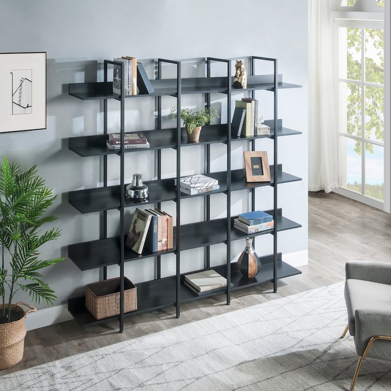 5 Tier Bookcase Home Office Open Bookshelf, Vintage Industrial Style Shelf, MDF Board, White Metal Frame
