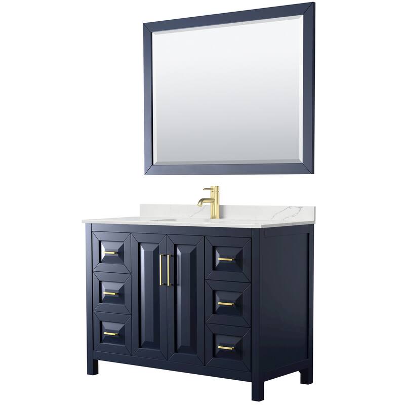 Daria 48-inch Single Vanity, Single Hole Quartz Top, 46-inch Mirror - Dark Blue, Gold Trim, Giotto Quartz Top