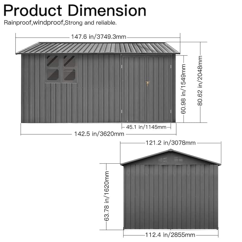Outdoor 12 x 10 ft. Metal Storage Shed with Window and Vents and Hinged Door and Padlock