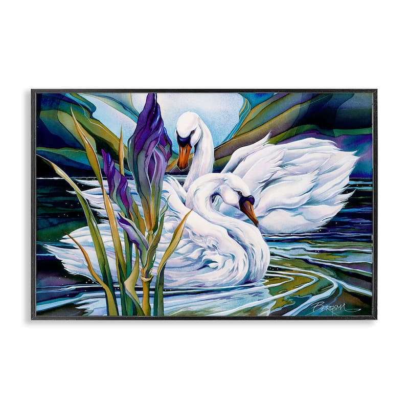 Stupell Swans with Abstract Pond Ripples Framed Giclee Art Design By Jody Bergsma - 30 x 20 - Black
