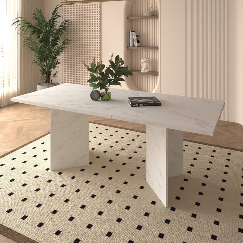 Extendable Dining Room Table for 6 8 10, Modern Faux Marble Wooden Long Large Rectangular Expanding Conference Kitchen Table