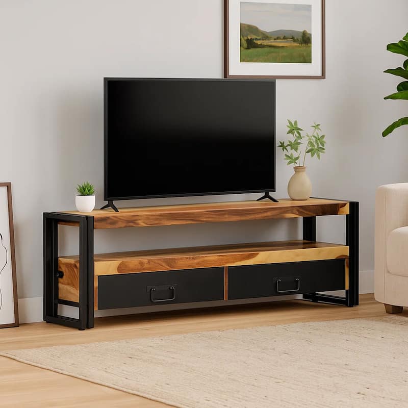 Kely TV Entertainment Media Cabinet, Brown Solid Sheesham Wood, Black Steel