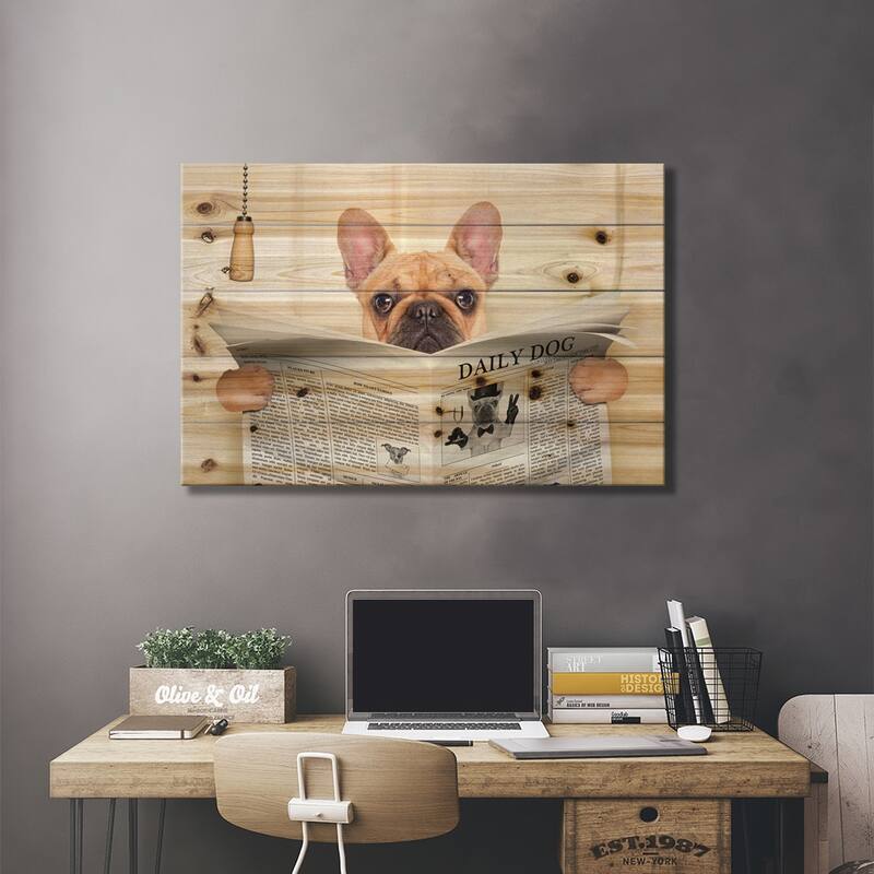 Dog On Toilet Seat Reading Newspaper V Print On Wood by damedeeso - Multi-Color