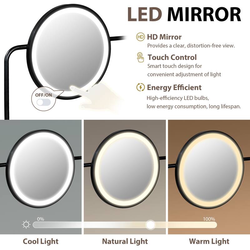 40" Black Vanity Desk Lighted Mirror & Wireless Charging