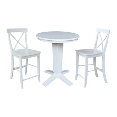 30 in Solid Wood Round Top Counter Height Dining Table with 2 Stools in White