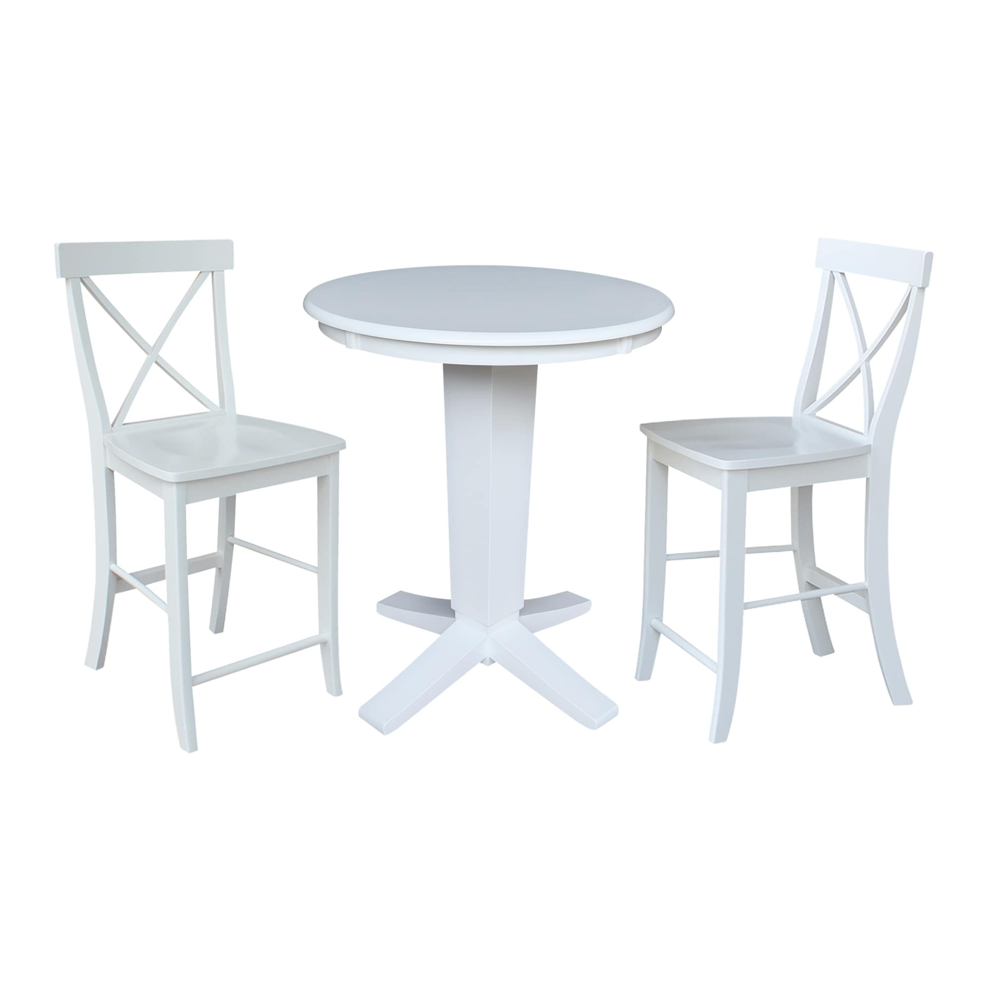 30 in Solid Wood Round Top Counter Height Dining Table with 2 Stools in White