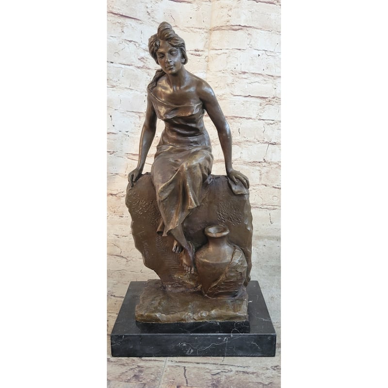 Classical Woman Sitting On A Rock Wall Bronze Sculpture Statue Figure On Marble Base