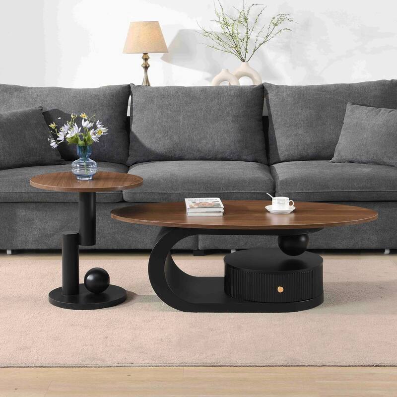 Nesting Coffee Table Set of 2,Elegant and Functional with Storage for Modern Living Rooms,Oval and Round Design