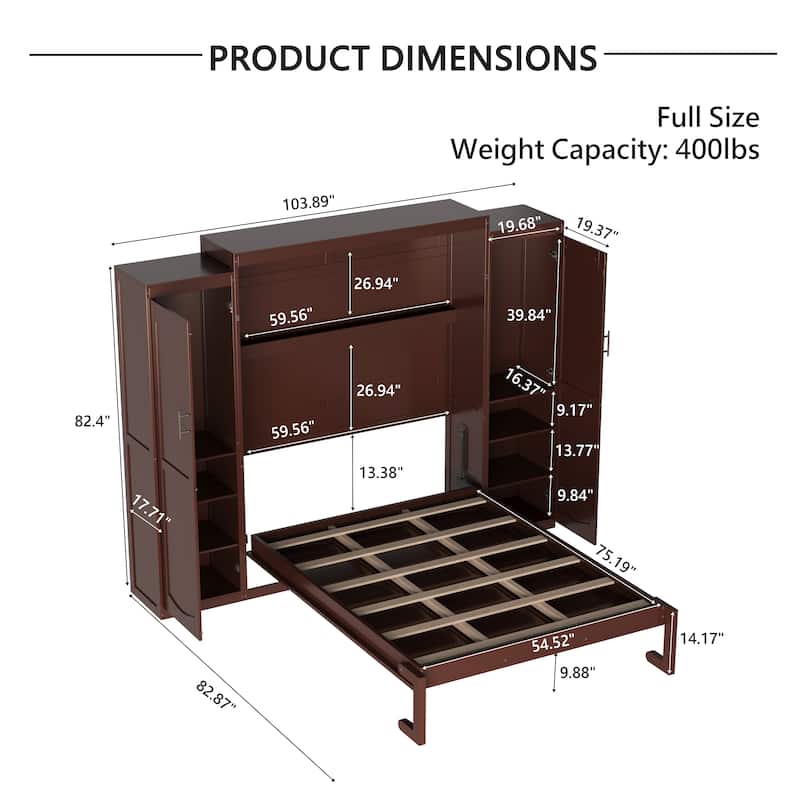 Murphy Bed, Wooden Wall Bed with 2 Wardrobe and Storage Shelf