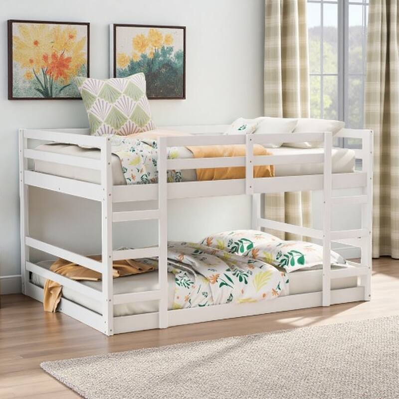 Full Over Full Wooden Bunk Bed with Ladder, Guardrails, and Slatted Base - White