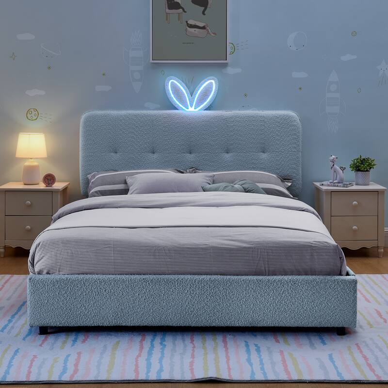 Kids Boucle Upholstered Bed with Rabbit Ear Headboard, LED Music Sync & 4 Drawers