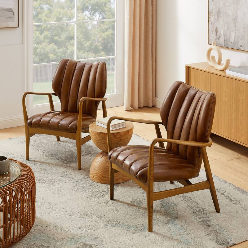 Art Leon Genuine Leather and Ash Wood Accent Chair