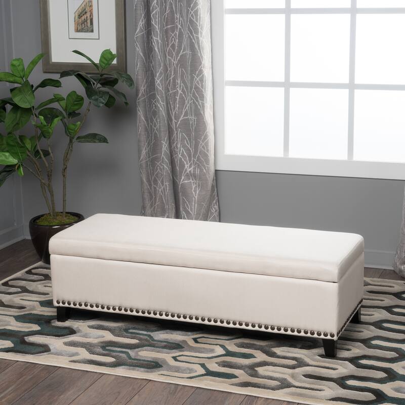 Storage Bench with Nailhead Trim, Linen Upholstered Ottoman for Window