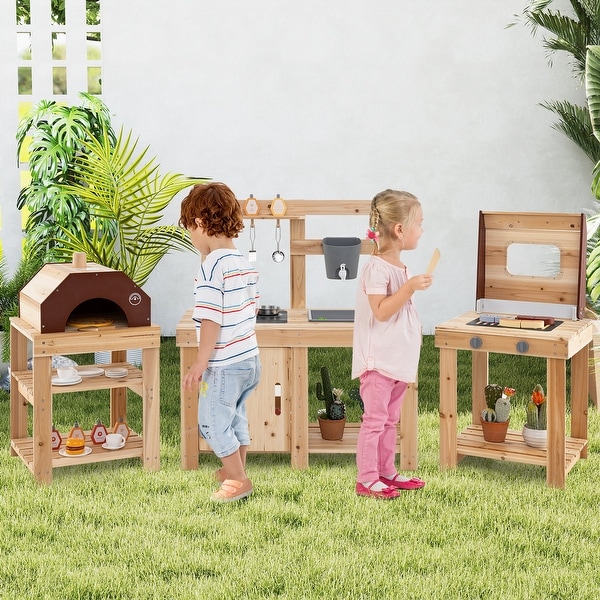 Natural Fir Wood Kids Outdoor Kitchen Set with BBQ Grill and Pizza