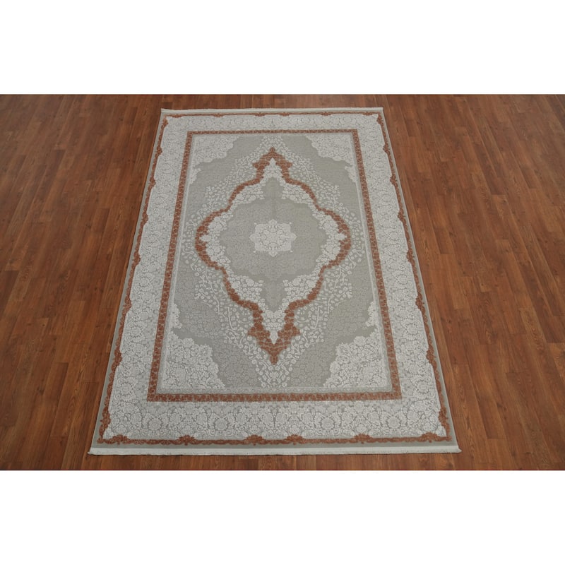 Machine Made Oriental Polyester Carpet Traditional Floral Greys & Charcoal Tabriz Area Rug - 7' 5'' X 5' 2''