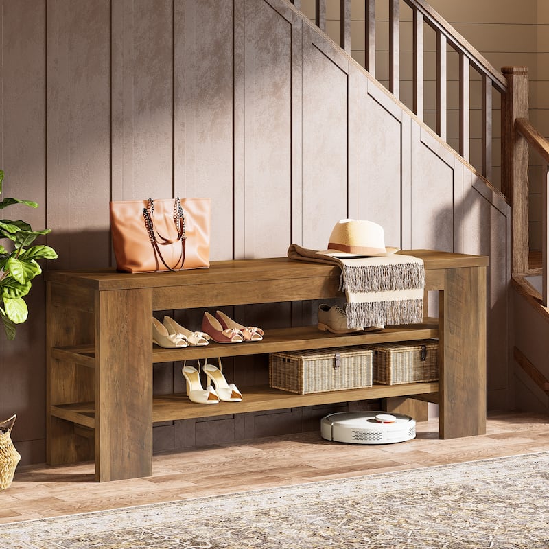47'' Rustic Brown Wood 3-Tier Shoe Bench with Open Storage, Entryway Bench