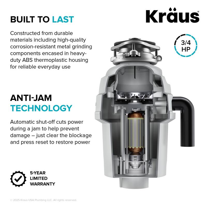 KRAUS WasteGuard Continuous Feed Garbage Disposal for Kitchen Sinks