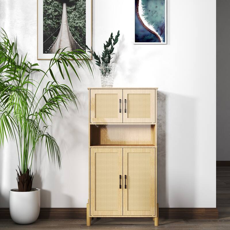 GDFStudio - Olivia Elegant Mid-Century Modern 4-Door Storage Cabinet with Woven Rattan Doors and Adjustable Shelves