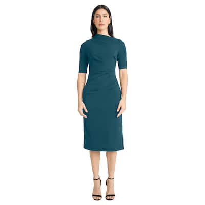 Maggy London Mock Neck Short Sleeve Draped Midi Sheath Dress
