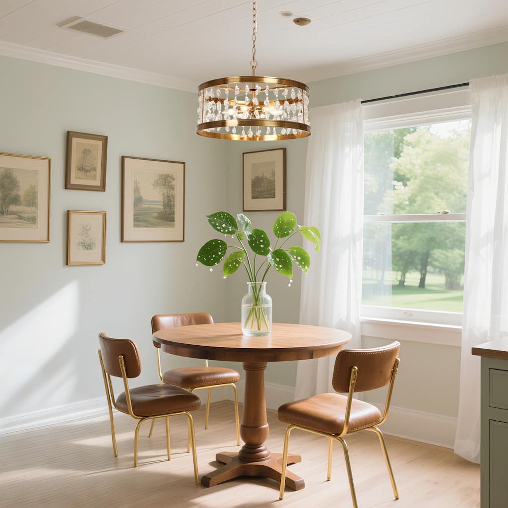 Modern 6-Light Crystal Beaded Drum Chandelier Gold Pendant for Dining Room Kitchen Island - Plating Brass - D21.7" x H73.6"