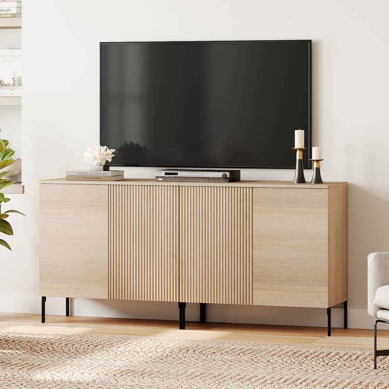31.5" Modern Reeded TV Stand With Doors, Entertainment Center With Shelf, Wooden TV Console 