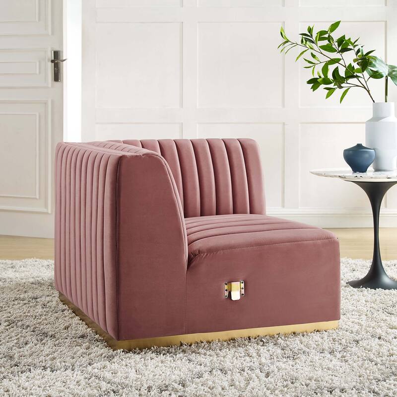 Conjure Channel Tufted Performance Velvet Right Corner Chair - Gold Dusty Rose