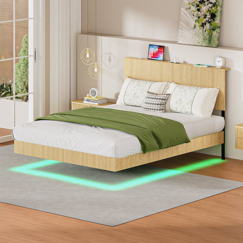 GDF Studio - Avalon Modern Queen Floating Bed Frame with LED Lights & Charging Station - Oak