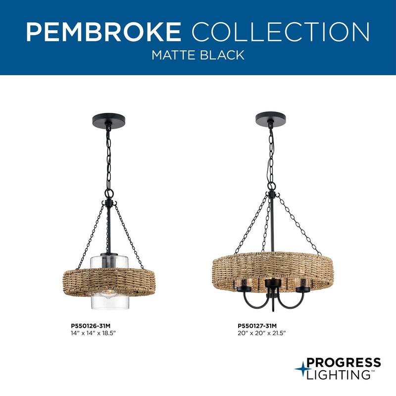 Pembroke Collection 3-Light 21.5 in. Matte Black Outdoor Pendant with Mocha Rattan Accents and Seeded Glass Shades - Large
