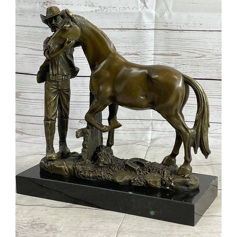Cowboy Rancher Tending Imitative Horse Bronze Statue Sculpture Figure Western Decor 11 Inches X 12 Inches
