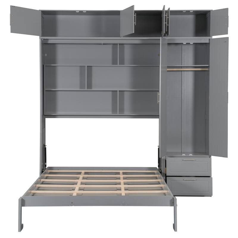 Queen Size Wall Murphy Bed, Space Saving Wooden Foldable Bed Frame with Closet, Drawers, Top Cabinet and Storage Shelves