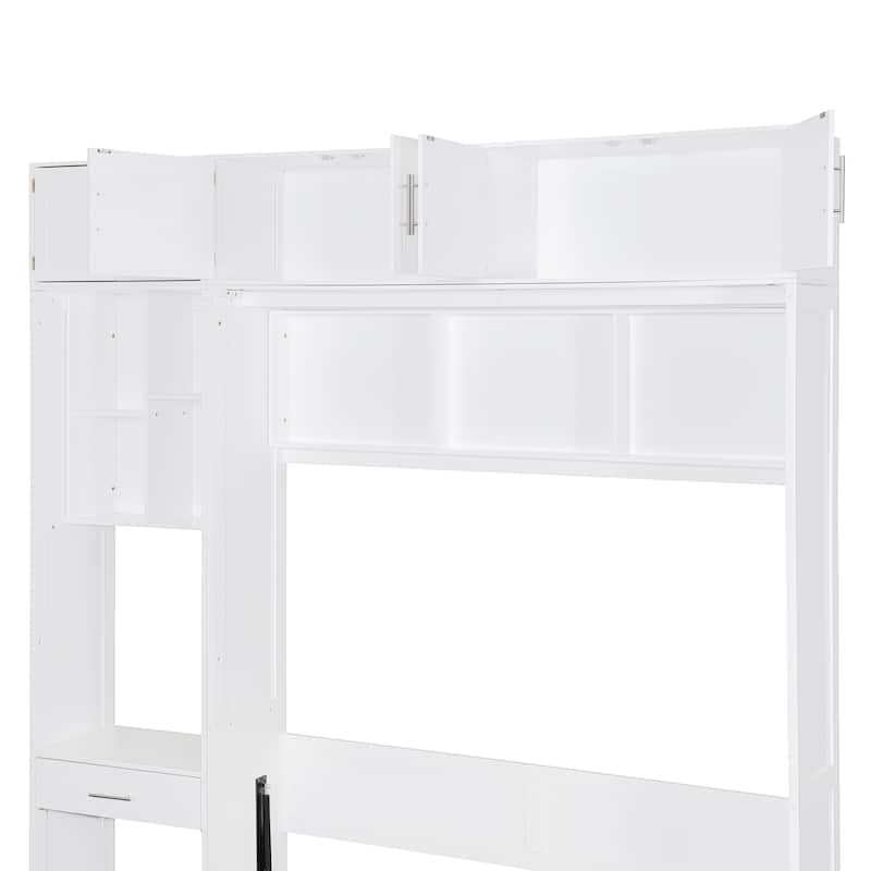 Space-Saving Queen Murphy Bed with Desk, Storage Shelves and Top Cabinets, Foldable Wall Bed in White