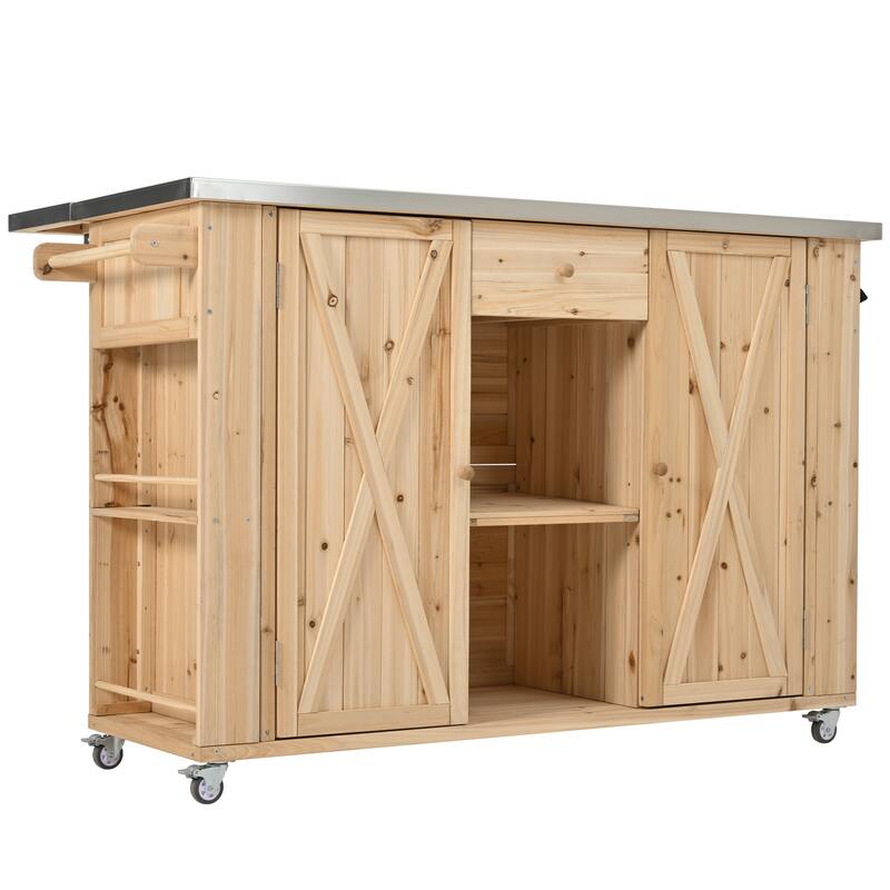 Outdoor Kitchen Island, Rustic Fir Wood with Stainless Steel Top and Smart Storage - Natural Wood