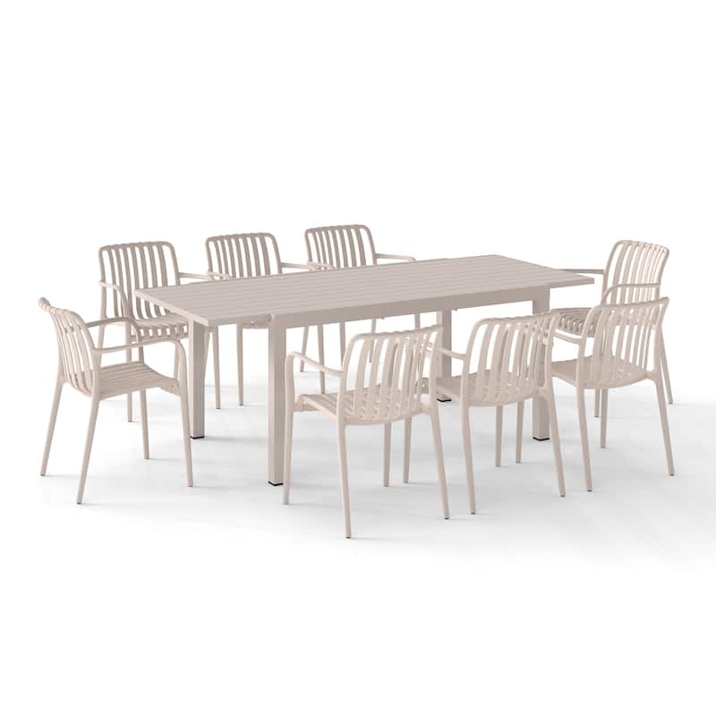 Outdoor Dining Set 9-Piece Stackable Plastic Lightweight Dining Armchair and Extendable Dining Table