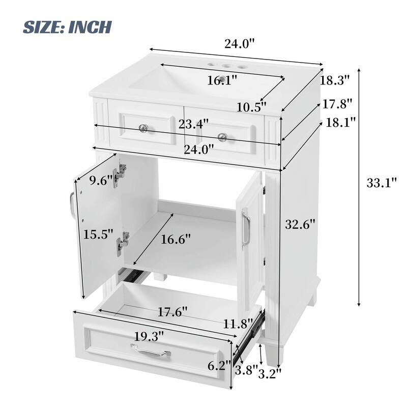 24" Solid Wood Frame Bathroom Vanity with Ceramic Sink and Soft-Close Doors